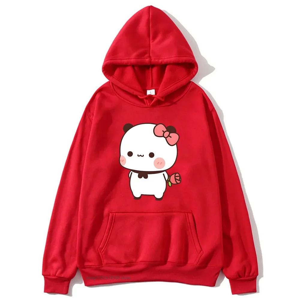 Red Flower From Panda BuBu To Bear DuDu Hoodie Cute Baby Bears Sweatshirts Couple Clothes Women's Streetwear
