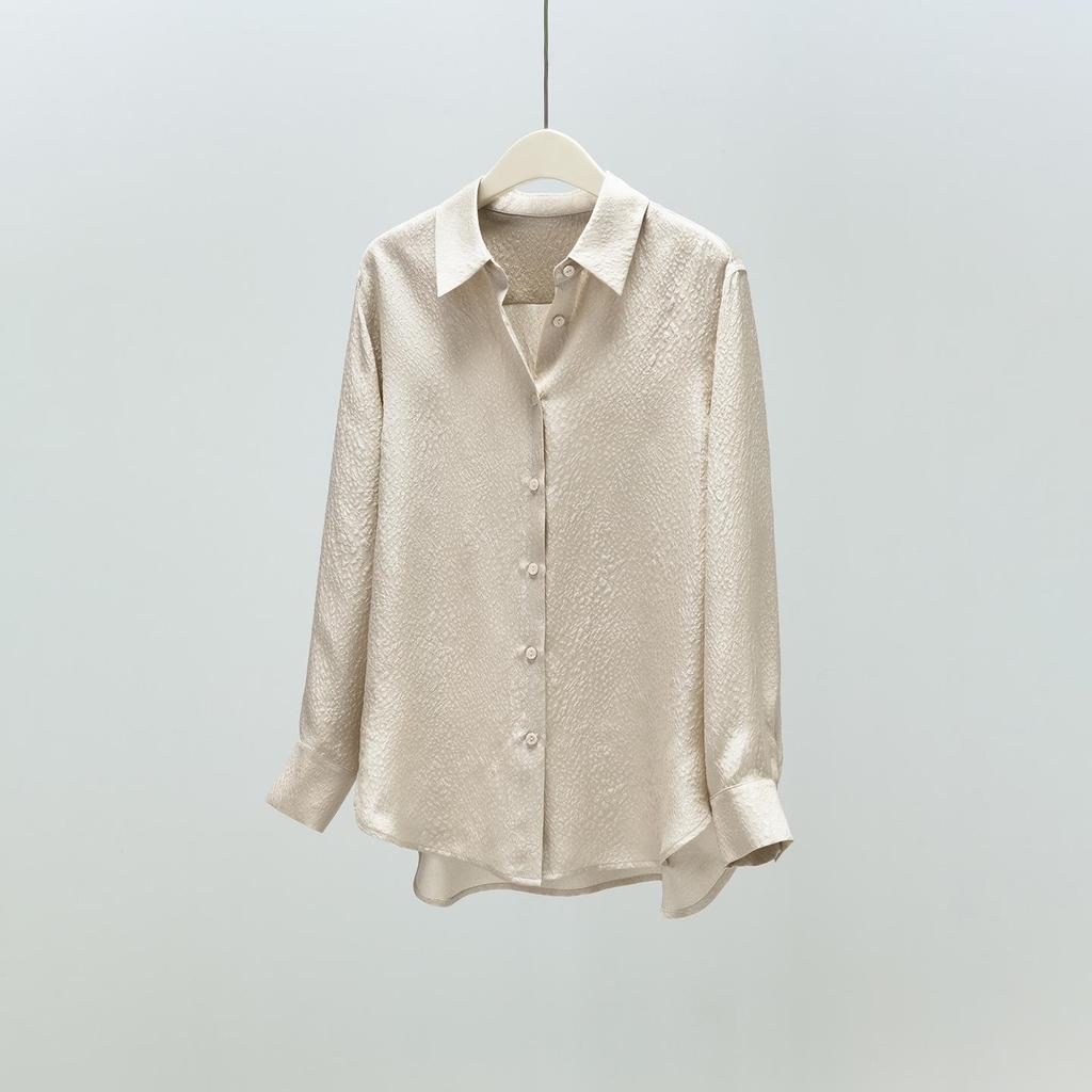 Elegant Women's Jacquard Silk Blouse - Long Sleeve Solid Mulberry Silk Top for Spring 2026