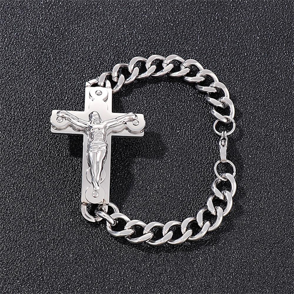 Religious Christ Crucifix Jesus Cross Bracelet Gold Silver Color Stainless Steel Cuban Link Chain Bracelets For Men Jewelry Gift