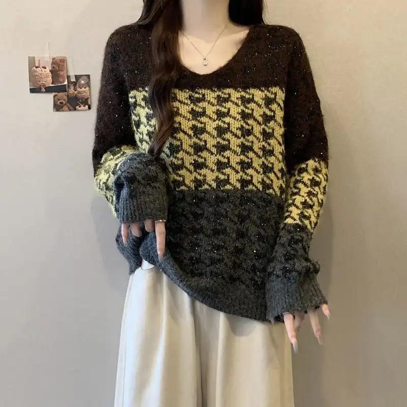 Maglione da Donna Pullover Stile a Quadri Colorblock Lavorato a Maglia Stile Coreano Scollo a V Ampio Base Autunnale