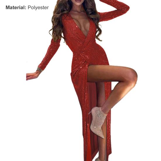 Deep V-Neck Long Sleeve Maxi Dress Slim Fit High Split Glitter Wrap Party Dress for Bar