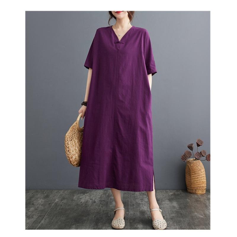 Summer New Cotton and Linen Artistic Retro Pullover Buckle Dress A-line Long Skirt
