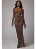 European & American Heavy Industry Rhinestone Sexy Slim-fit Long-sleeve See-through Evening Dress