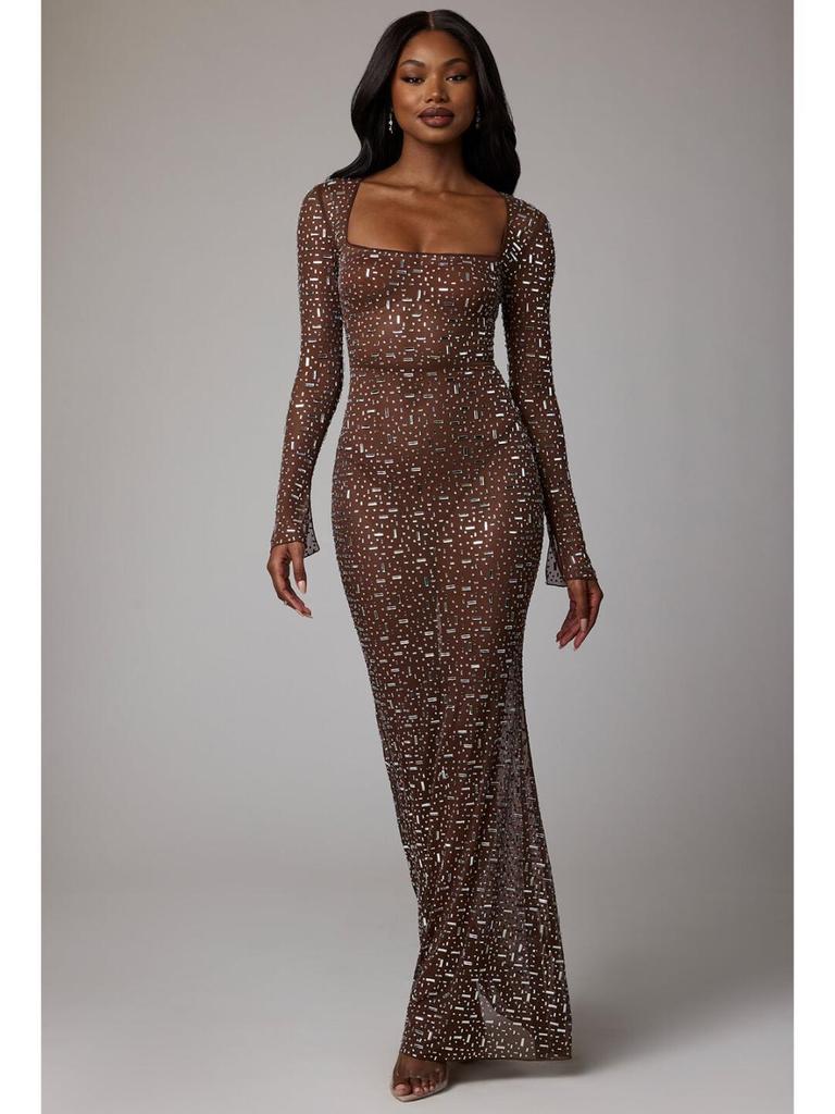 European & American Heavy Industry Rhinestone Sexy Slim-fit Long-sleeve See-through Evening Dress