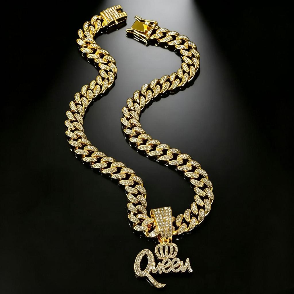 Queen Crown Hip Hop Zinc Alloy Full Diamond Pendant Necklace