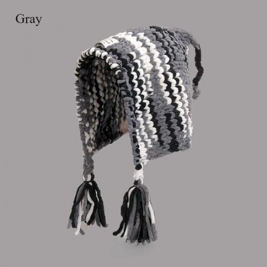 Women Chenille Cable Knitted Hat Lady Cute Fringe Ear Warm Cap Thick Winter Hat