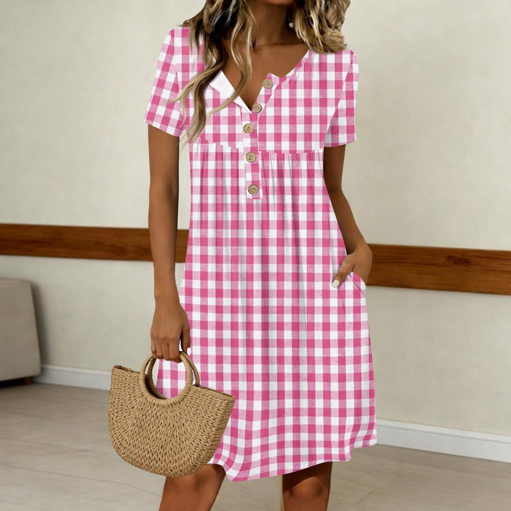 Women's Fashion Retro Print Round Neck Short Sleeve Buttoned Casual Dress
