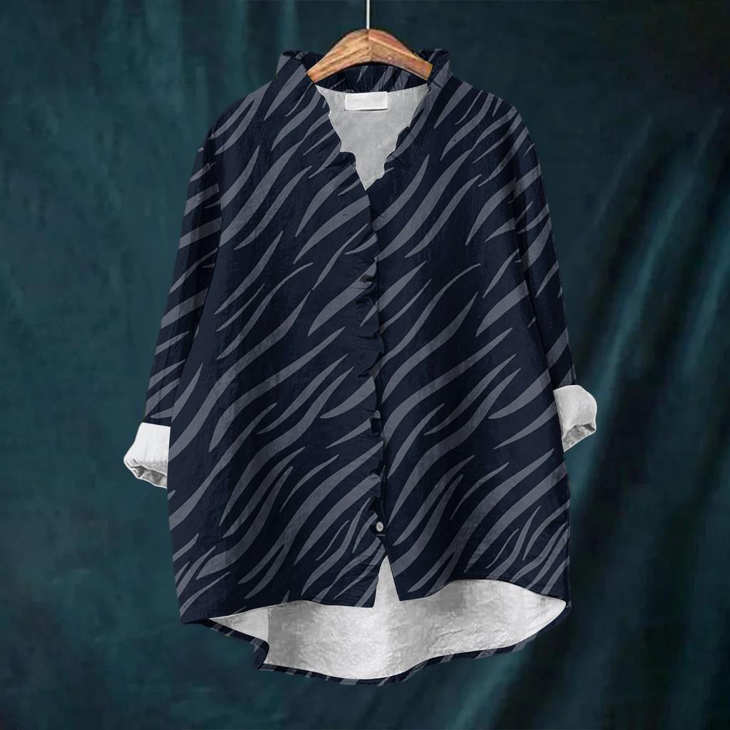 Women's Loose Ruffled Floral Print Stand Collar Long Sleeve Cotton And Linen Top