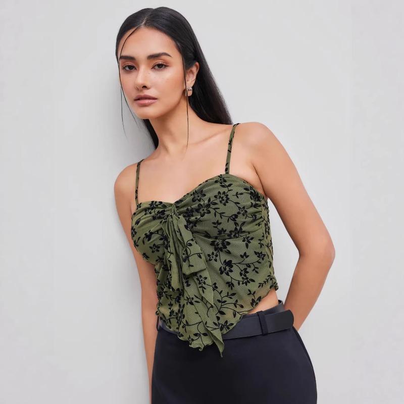 

American Spice Girl Style Flocking Floral Mesh Bottom Shirt Women s Summer Neck Suspender Vest T-Shirt Wear Short Top XL зелений