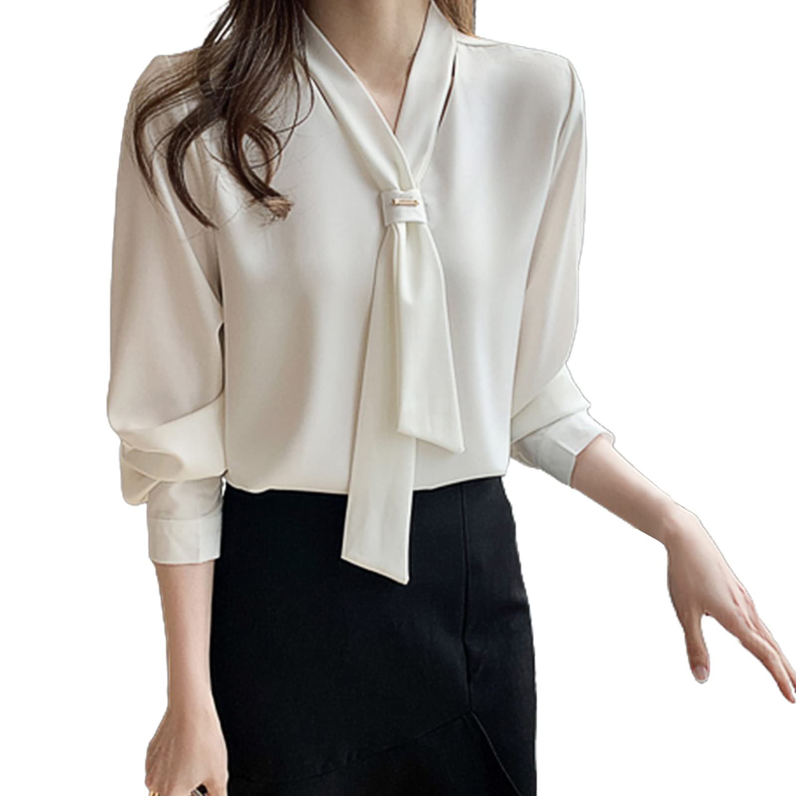 

KumiModa Шифоновая рубашка-блузка с длинным однотонным рукавом Идеально подходит для и Осени Женский бант, V-образный вырез, Рукава, Цвет, Элегантный, Стройнящий, Стильный, Милый, Офисный, белый