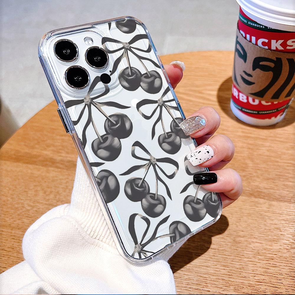 Black Cherries with Bows Lucency Phone Case for IPhone 14 15 16 13 12 11 17 Pro Max 12 13 Mini Soft Cover