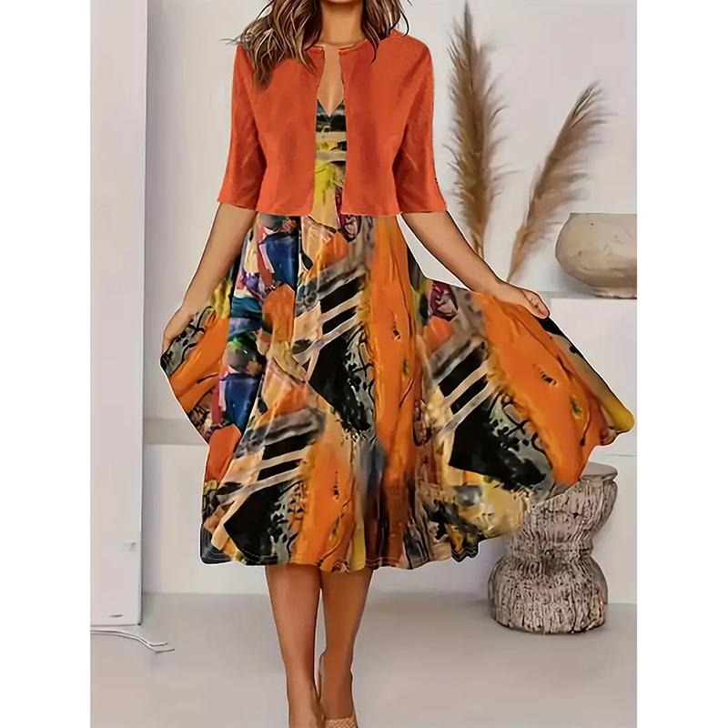 Summer New Short Sleeve Two-piece Set Plus Size Dress Women Floral Print O Neck A Line Casual Dresses Women Fashion Vintage Dress with Jacket 26374