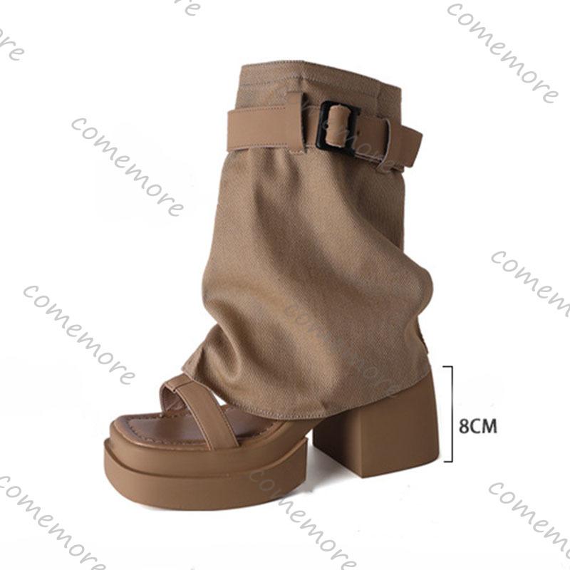 Comemore Two Wear Thigh-high Sndals Boots Summer Thick Bottom Trouser Tube Boots Chunky High Heeled Sandal for Women