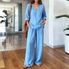 Women's V Neck Long Sleeve Top And Wide Leg Pants Set Casual Loose Two Piece Outfits For Spring Summer