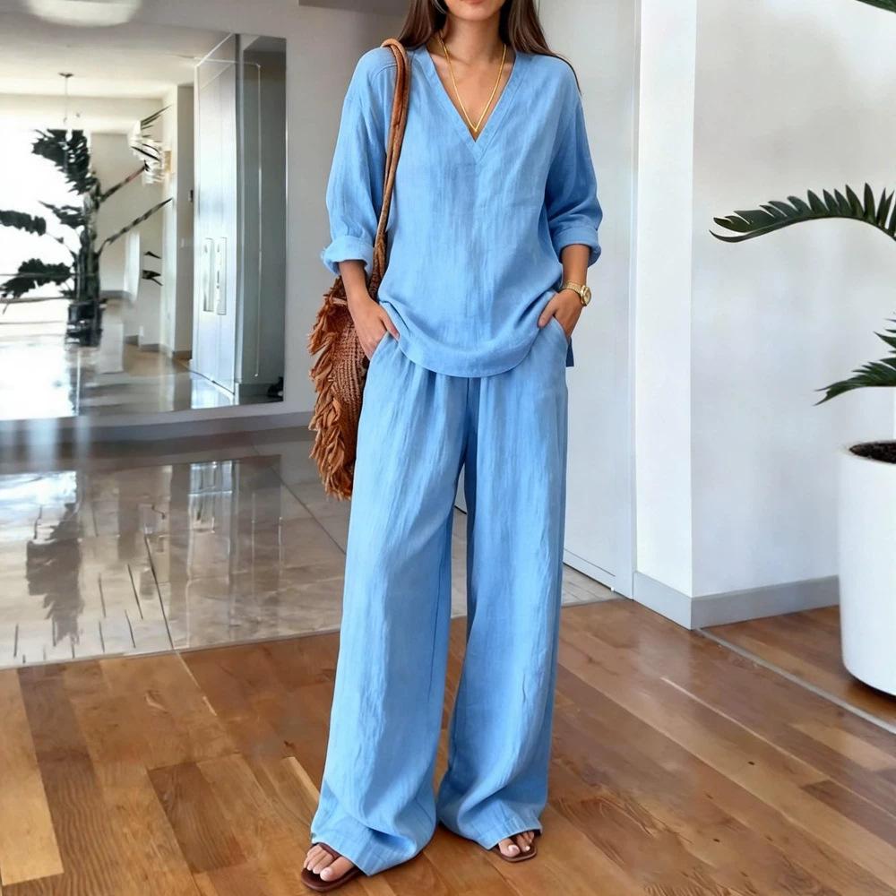Women's V Neck Long Sleeve Top And Wide Leg Pants Set Casual Loose Two Piece Outfits For Spring Summer
