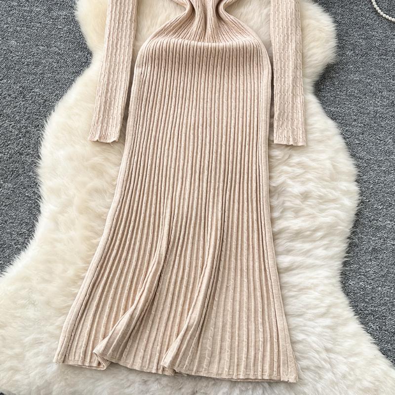 Podzim Zima Dámský Elegantní Svetr s V-výstřihem a Dlouhým Rukávem s 3D Květinami Pletený Pulovr Dlouhé Midi Společenské Šaty