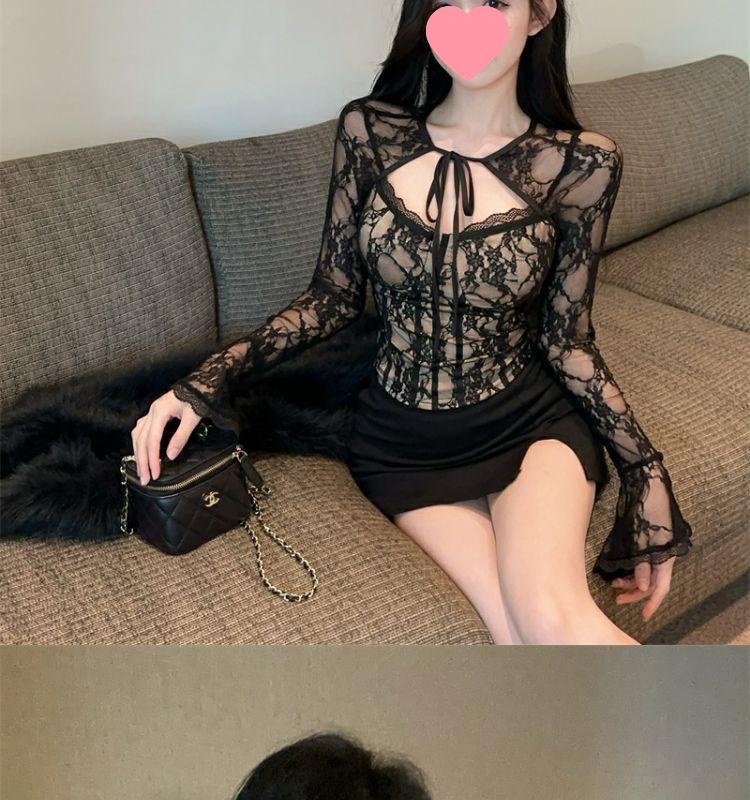 Women's Black Lace Square Neck Long Sleeve Top, Autumn Base Layer, Yù Jiě Style - Sophisticated, Elegant, Tight, Short.