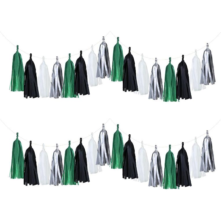 Guzon 20 Pack of Black Green Silver Party Decorations Tassel Garland Banner White Tissue Paper Tassels for Soccer Party Supplies Graduation Backdrop