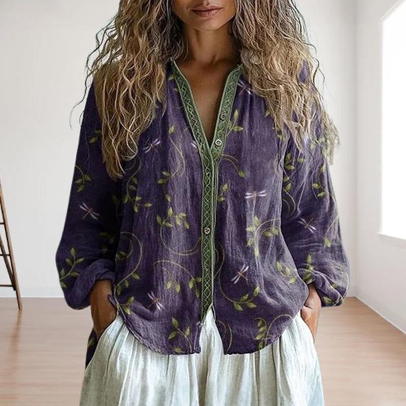 2025 Vintage Purple Floral Print Stand Collar Long Sleeve Top