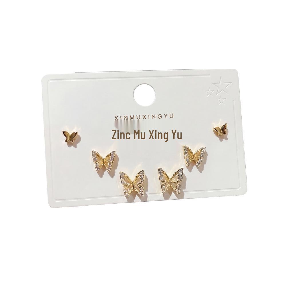 Copper-Plated Gold Hollow Butterfly Zirconia Earrings - Six-Piece Set