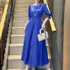 Women Casual Round Neck Solid Color 3/4 Sleeve Long Dress