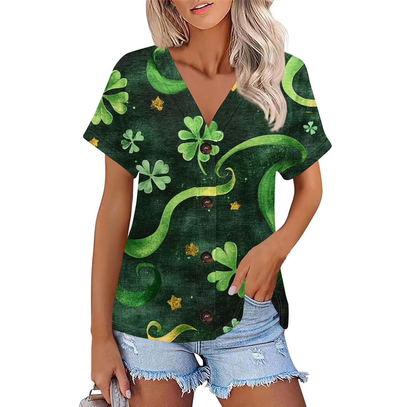 

Жіноча мода Короткий рукав V-подібний виріз St. Патрік Принт Топ Повсякденна Сорочка на Ґудзиках XL зелений