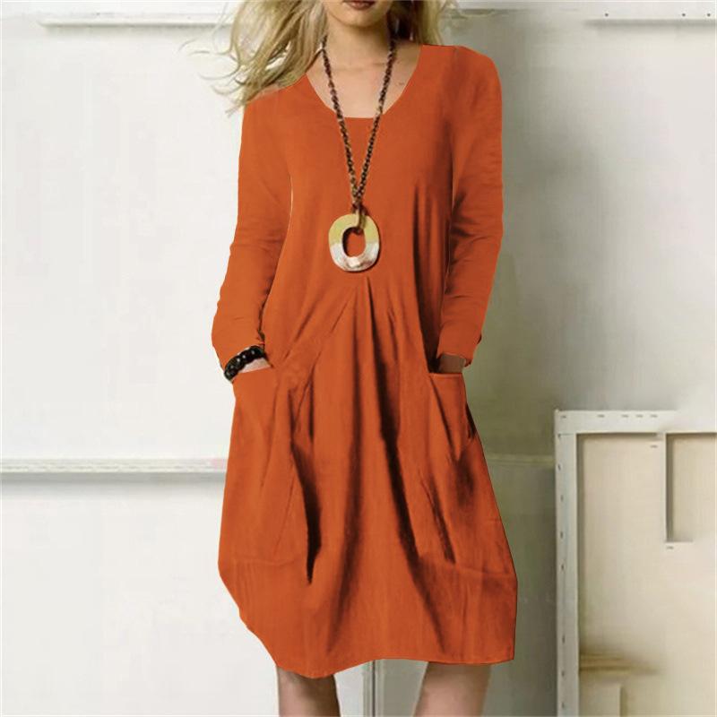 YYFS Women's Fashion Spring Fall Solid Color Print Long Sleeve U-Neck Loose Waistline Casual Dresses