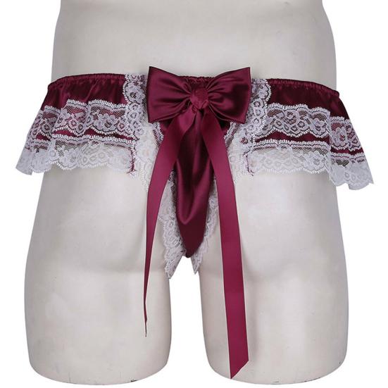 Low Waist Elastic Waistline Bowknot Decor U Convex Men Briefs Sexy Sweet Crochet Lace Stitch Nightclub Panties