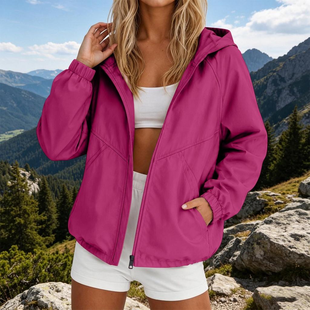Leichte, wasserdichte Damenjacke mit Kapuze und Reißverschluss, lässiger Windbreaker, Outdoor-Regenmantel