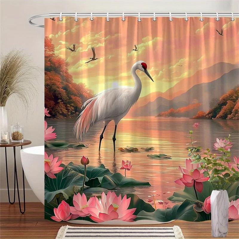 1pc White Crane & Pink for Lotus Lakeside Sunset Shower Curtain - Elegant Peaceful Nature Digital Illustration, Machine-Washable