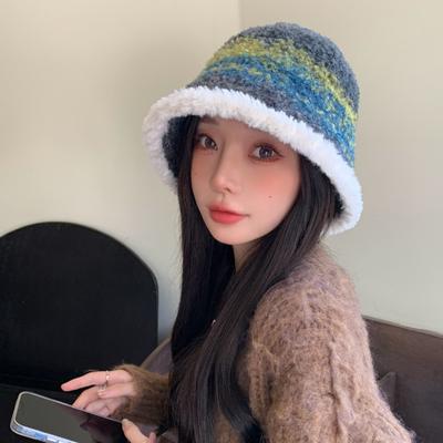 Sombrero de cubo de imitación de cordero con cambio gradual de color para mujer, gorro de lavabo de felpa cálido de invierno con dopamina