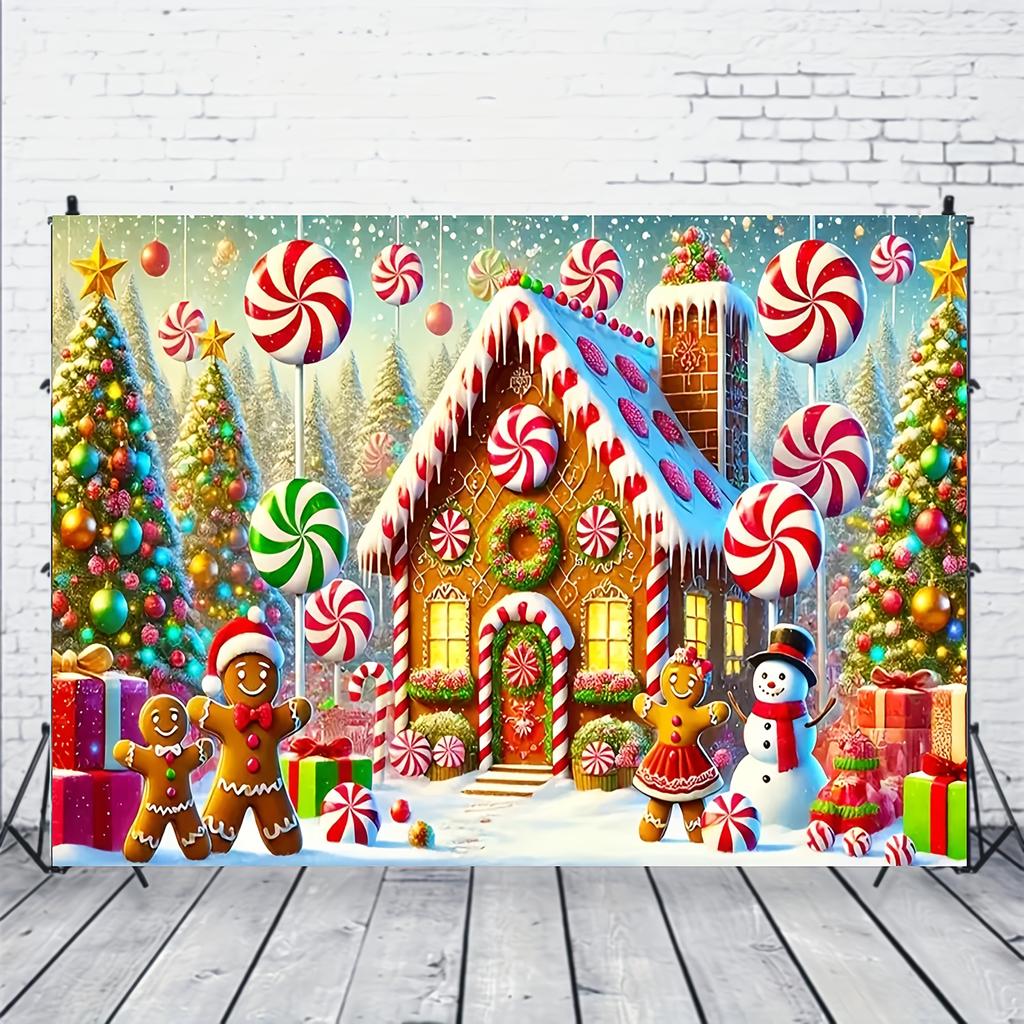 1 Piece, Christmas Gingerbread House Candy Themed Cottage Christmas Happy Background Banner