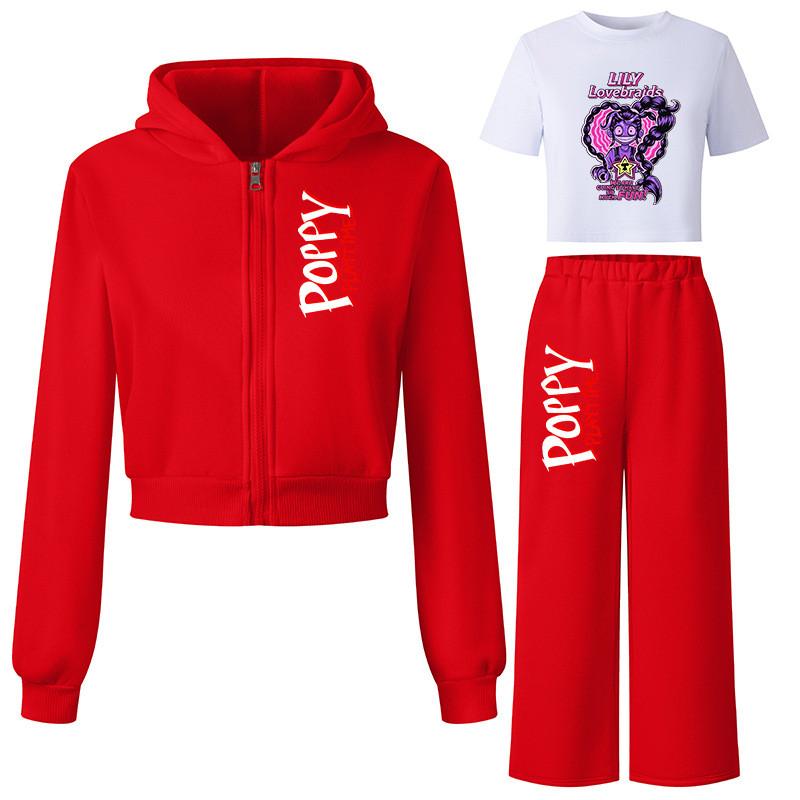 

3pcs Kids Girls Lily Lovebraids Printed Hooded Sports Fleece Casual T-shirt Top Pants Jacket Sets 12Y рожевий червоний колір