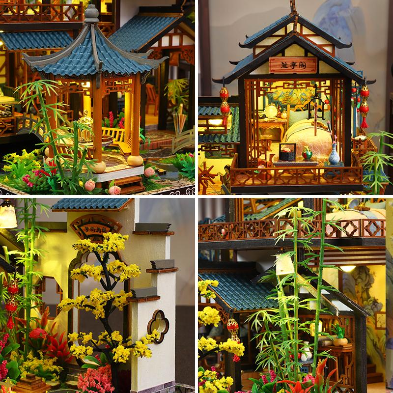 DIY Elegantes Orchideenpavillon Miniatur-Set - Handgefertigtes 3D-Buchstützenmodell im altchinesischen Stil, Kreatives Weihnachten Schwarz