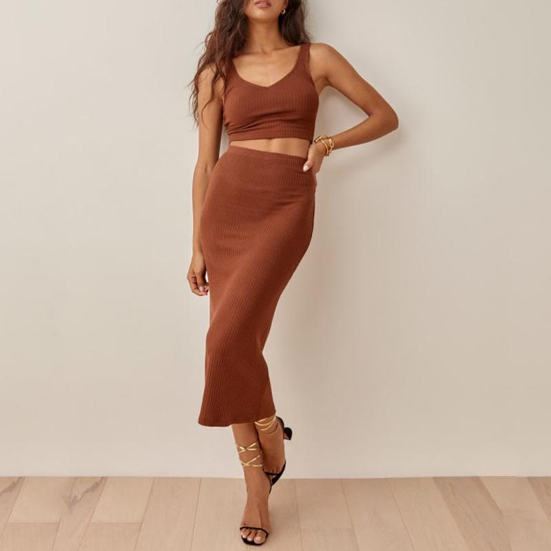 

Женский модный сексуальный жилет с открытым пупком, тонкий однотонный костюм с юбкой XL светло-коричневого