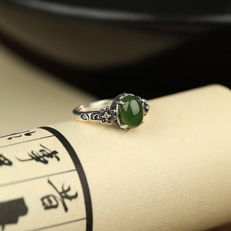 Adjustable Flower Ring Women Men Vintage Ethnic Style Red Agate Jade Oval Floral Statement