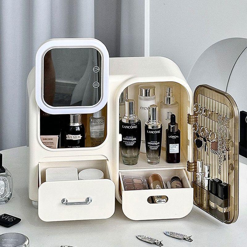 Desktop Cosmetic Storage Box with Mirror and Cabinet