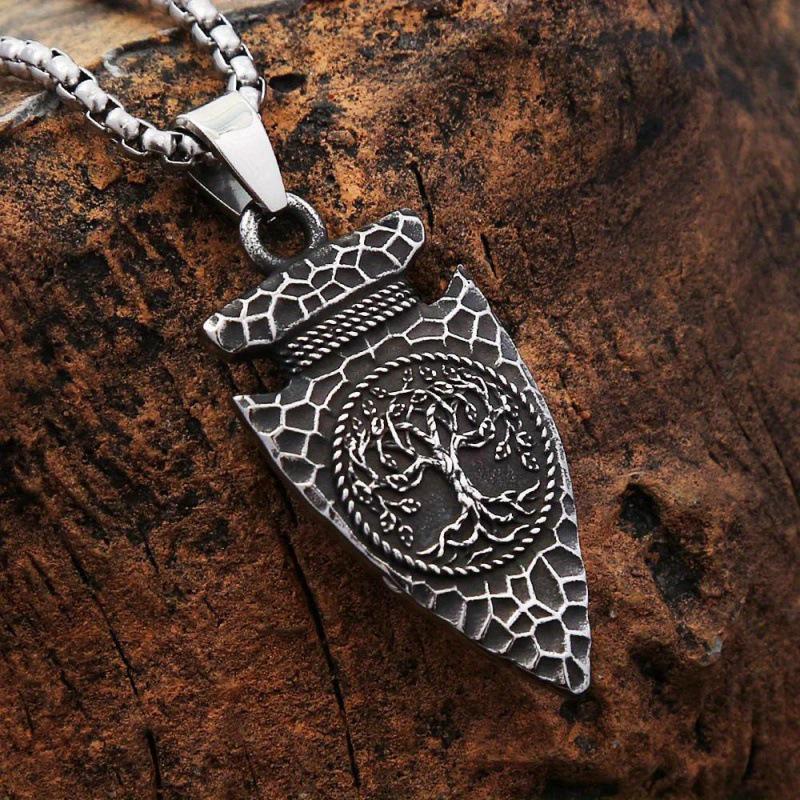 Retro Viking Tree of Life Pendant Necklace with Stainless Steel Chain - Nordic Spearhead Amulet Jewelry