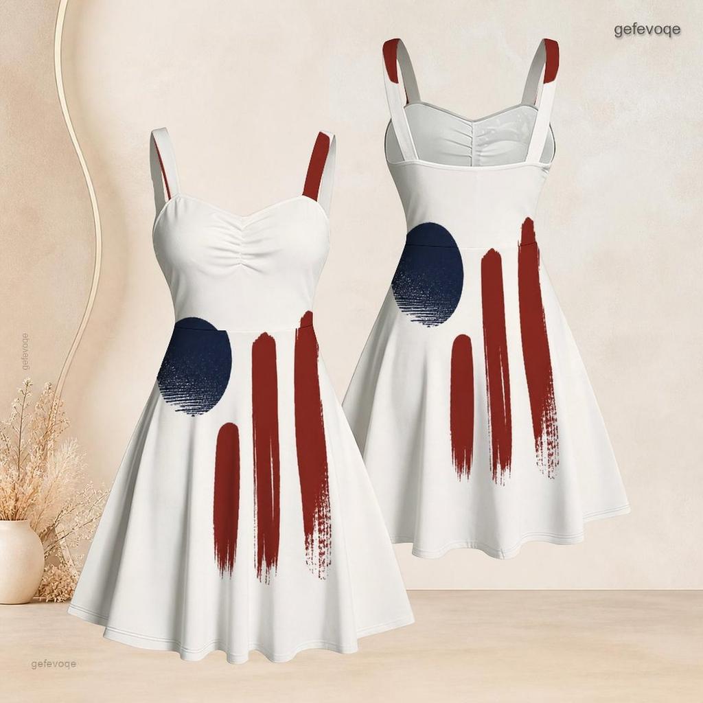 Women Plus Size Off Shoulder Sleeveless Strappy Star Stripe Printed Flared Dress