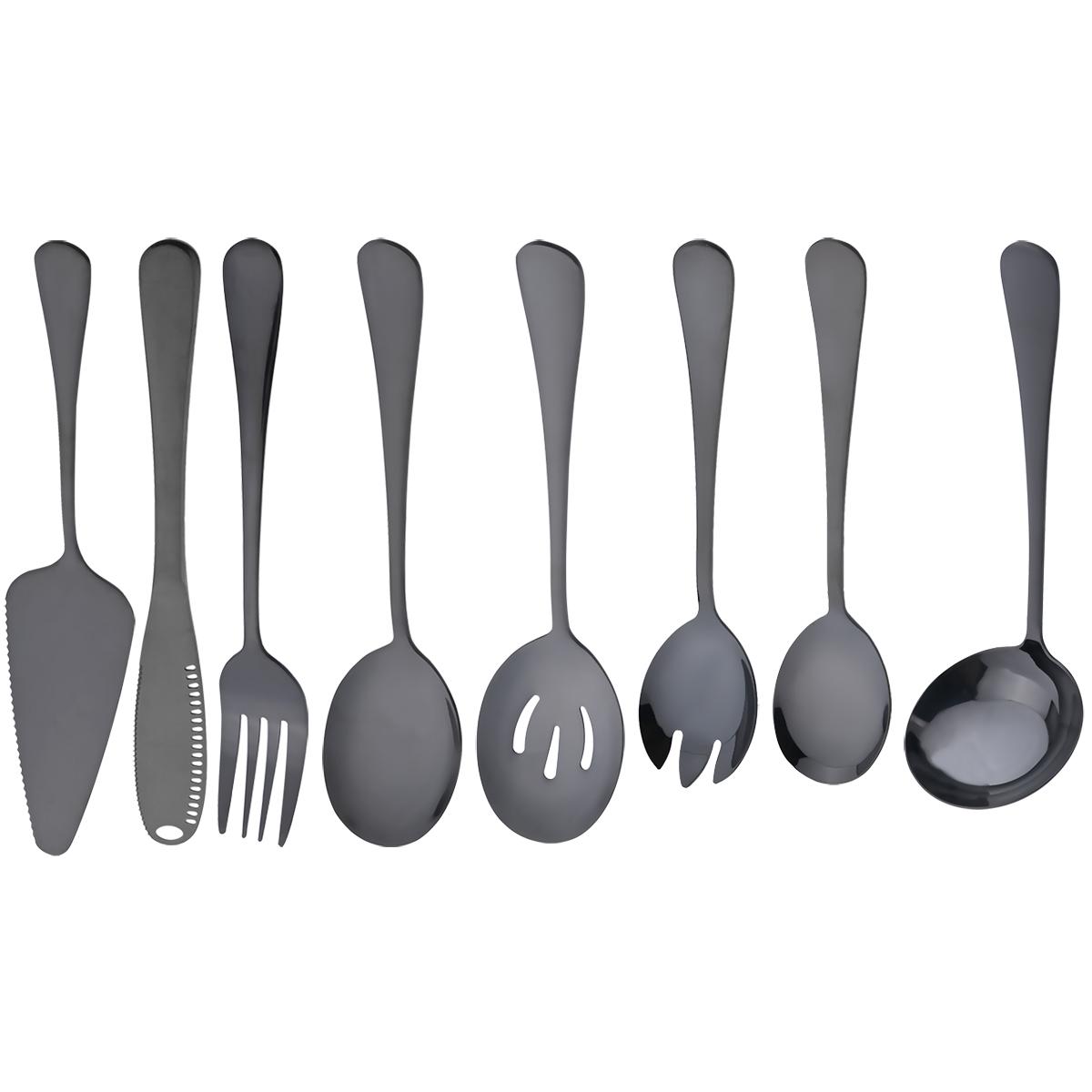 

Набор столовой посуды из нержавеющей стали золотого цвета, 8 предметов, нож для масла, лопатка для торта, столовые приборы, сервировка, суповая ложка, ложка-дуршлаг, вилка для салата, столовые приборы чёрный