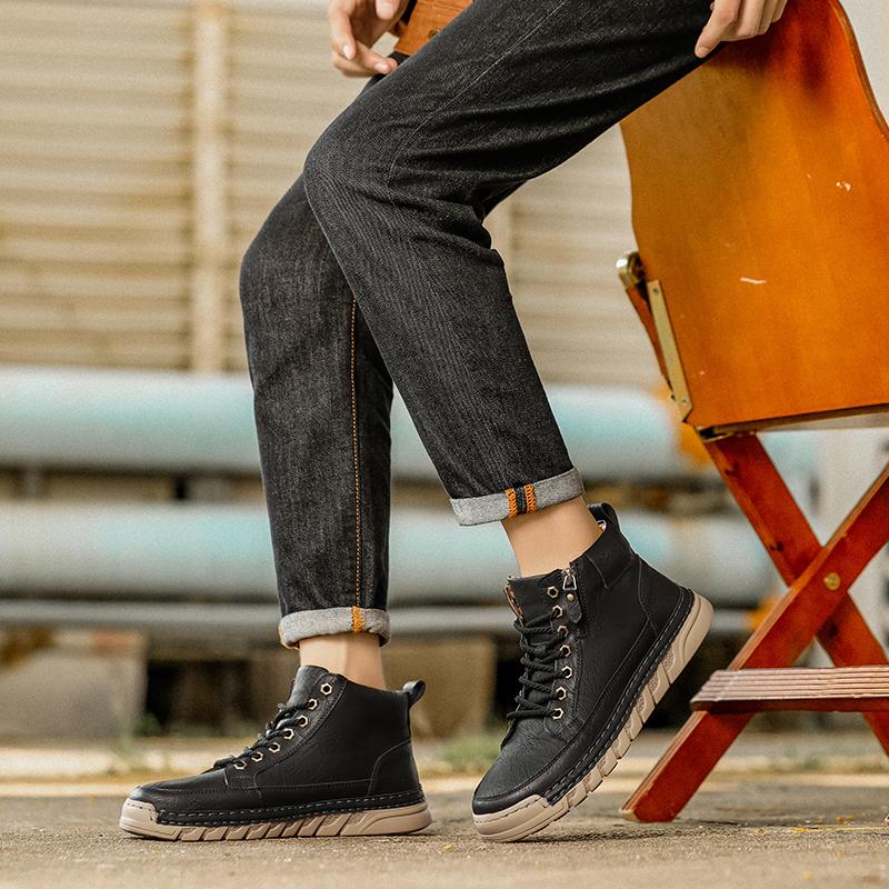 Leather Boots Men High Casual Shoes for Men Trend Zipper Walk Flats Winter Shoes Vulcanized Ankle Boots New