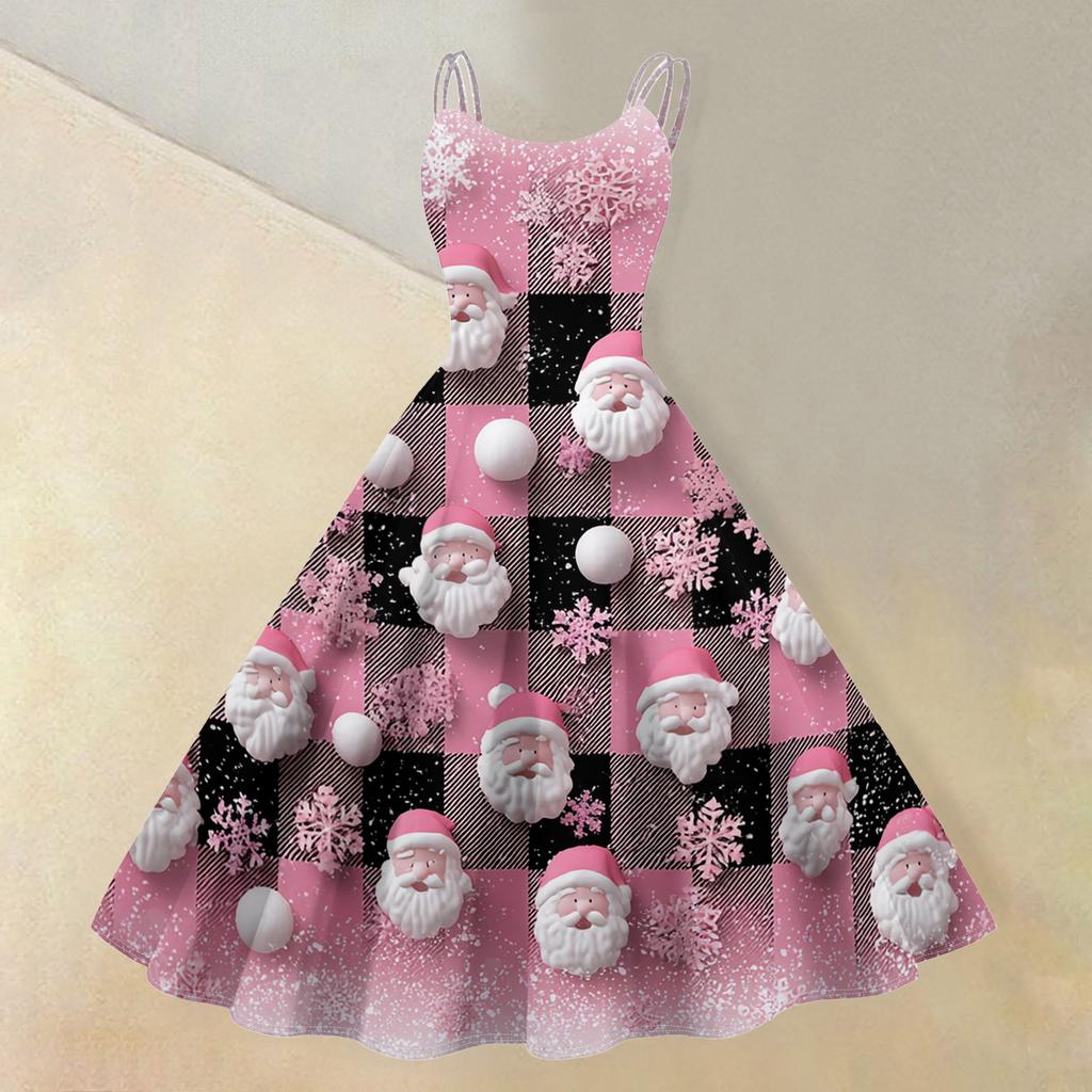 (Fröhliche Weihnachten) Damen Casual Mode Weihnachten Schneeflocke/Weihnachtsbaum/Schneemann Print Rundhals Retro Kleid
