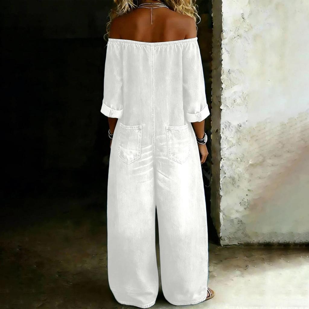 Fashionable Women's Sexy Single Breasted Off Shoulder Wash Denim Jumpsuit