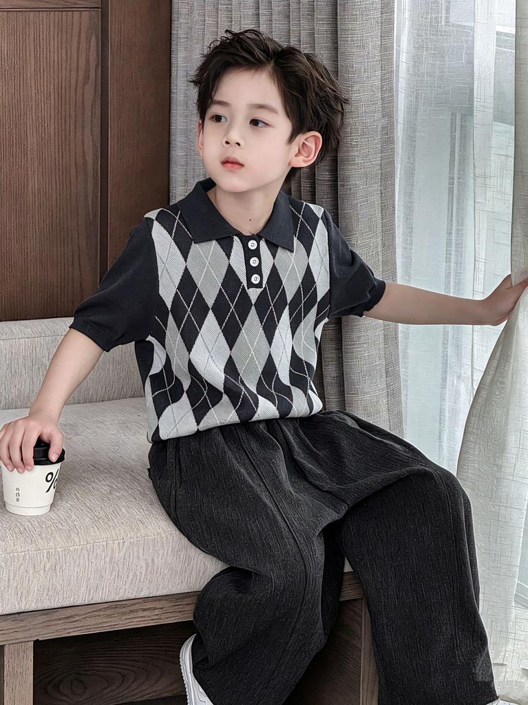 Boys Korean Classic Diamond Knit Polo Shirt Short Sleeve T-Shirt Fashionable Versatile Children's Clothing