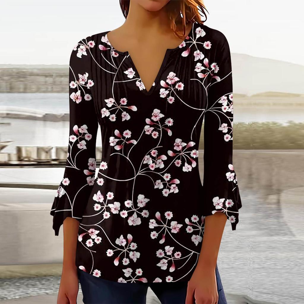 Summer Autumn A Line Slim Black White Floral T Shirt Women Loose Elegant 3/4 Sleeve Printed Tops Ladies Clothing