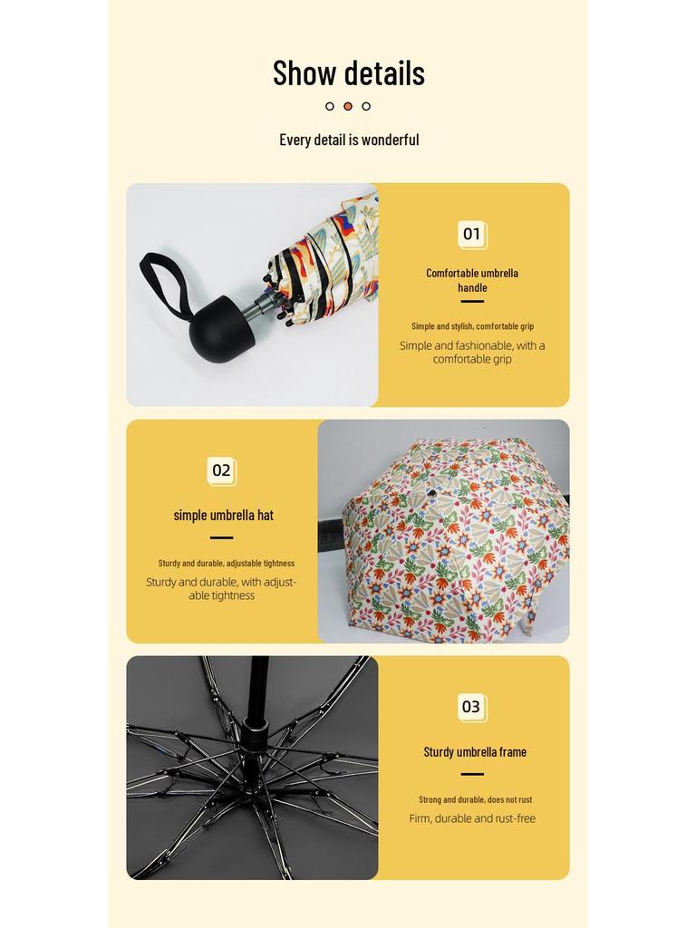 Retro Floral Dual-Use Compact Automatic Umbrella for Sun and Rain