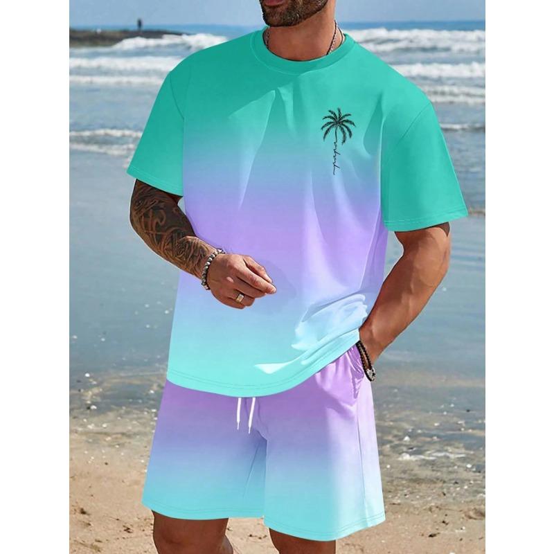 New Gradient Color T-shirt Shorts 2-pcs Set Short Sleeve T-shirts Elastic Waist Shorts Set Pocket Hawaiian Men's Beach Swimsuit