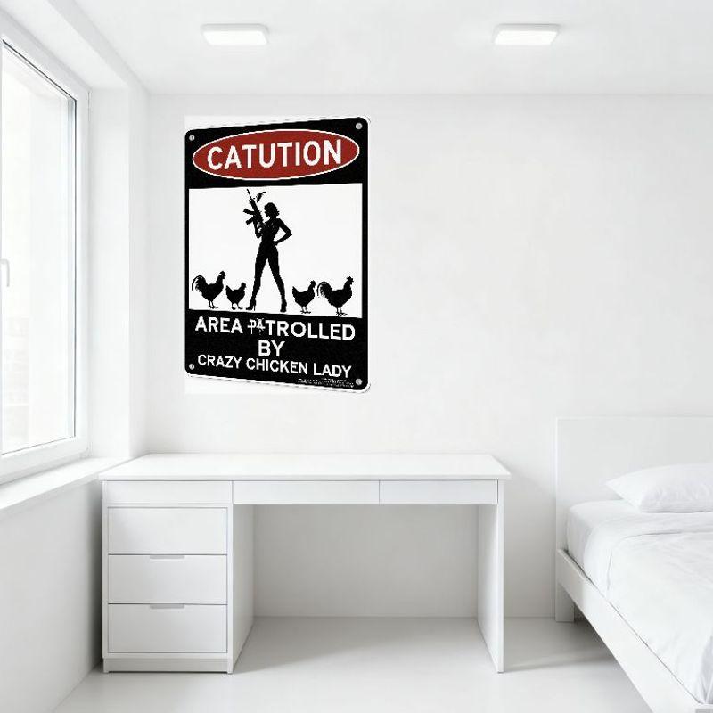 Crazy Chicken Lady Warning Sign Metal Tin Sign, Vintage Style Warning Plaque with Black Background, Red Caution Oval, Woman In H