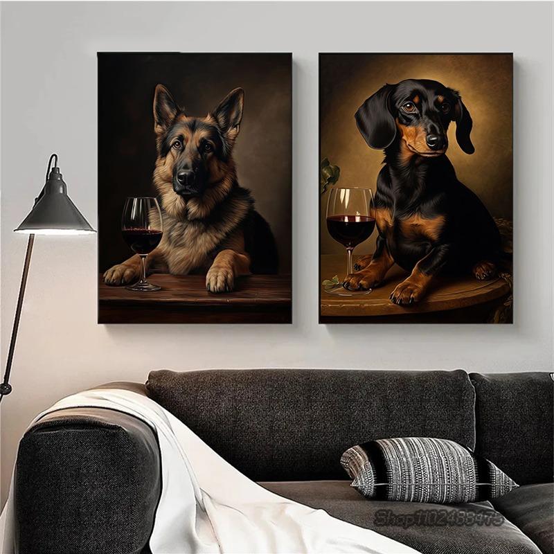 Vintage Dog Portraits Posters and Prints French Bulldog German Shepherd with Red Wine Wall Art Canvas Painting Home Room Decor