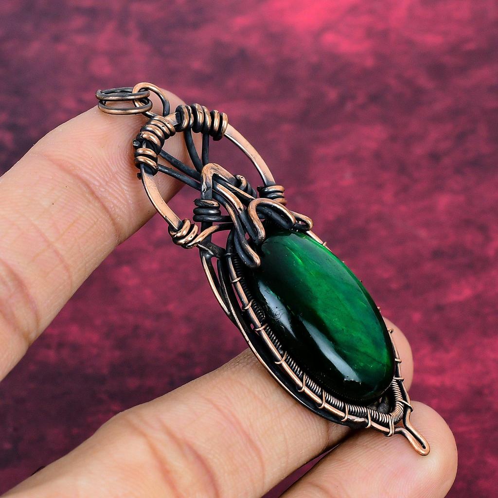 Green Fire Labradorite Pendant Copper Wire Wrapped Pendant Gemstone Wire Jewelry